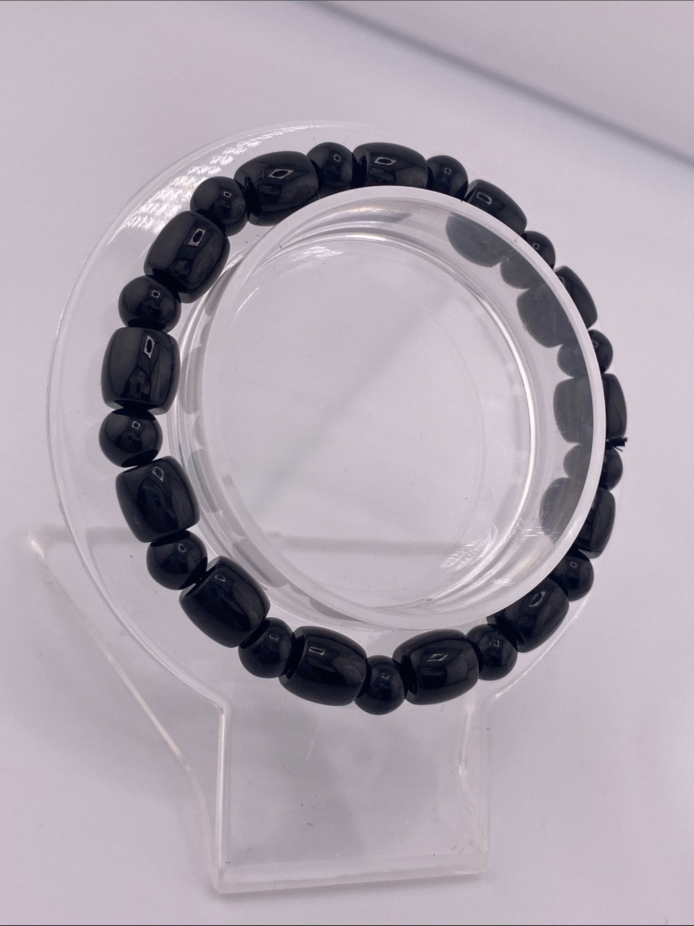 Genuine Black Jade Bracelet - Natural Midnight Black Barrel & Round Beads